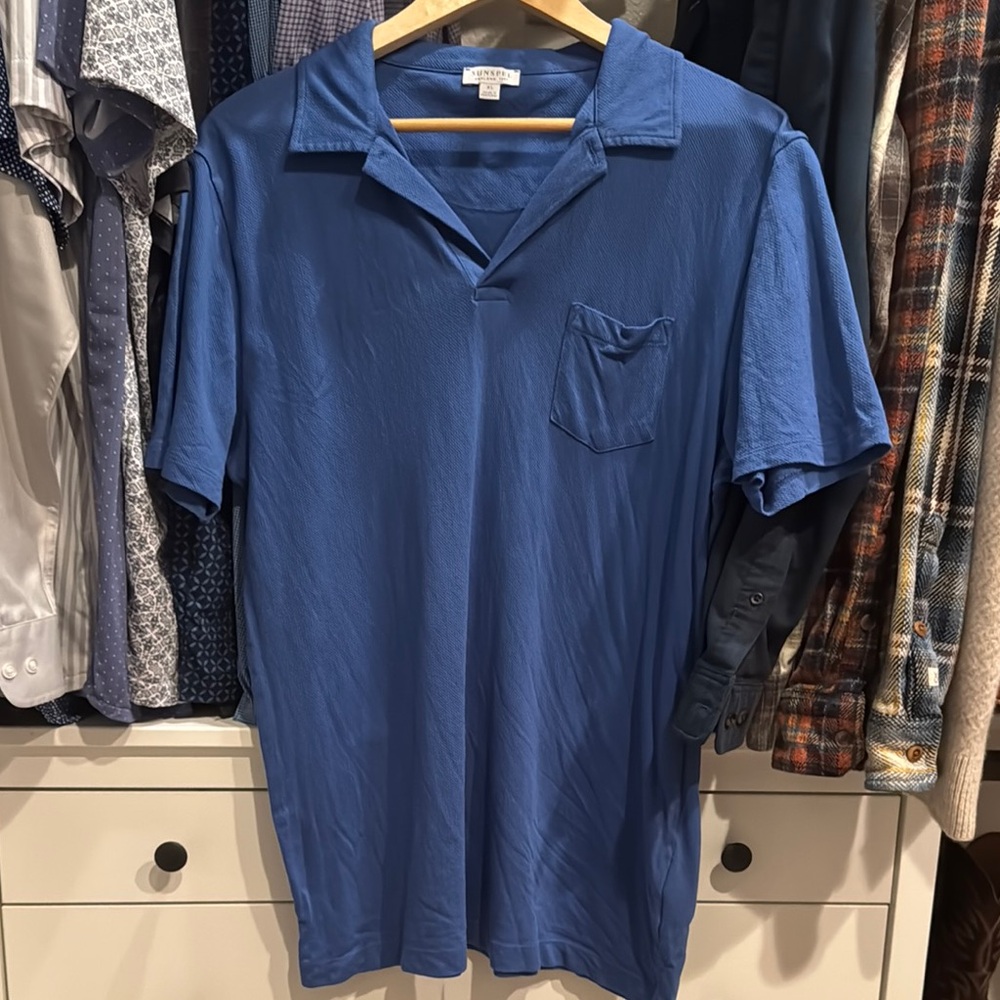 Sunspel Blue Polo Shirt Classic Cotton Blend